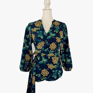 J. Crew Hydrangea Floral Drapey Crepe Wrap Top in Navy/Gold - Petite Small